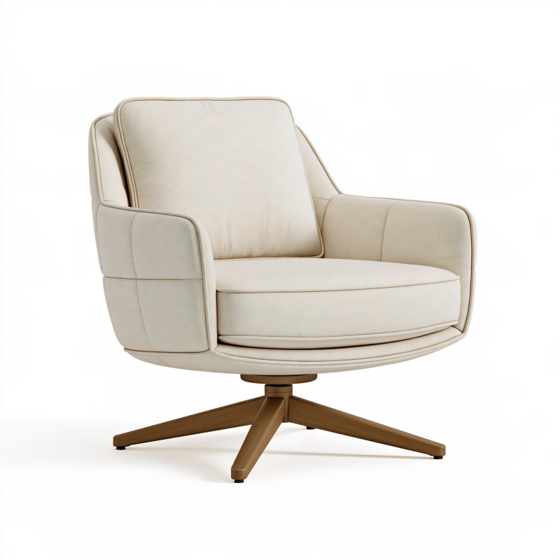 Fauteuil pivotant 82 x 85 x 90 cm en tissu beige avec piètement en bois style contemporain