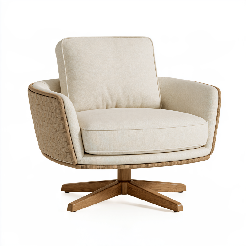 Fauteuil pivotant 85 x 85 x 86 cm en tissu beige et bois style contemporain