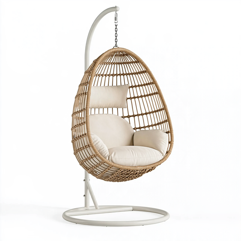 Fauteuil suspendu 105 x 105 x 195 cm en rotin naturel et métal blanc style bohème avec support