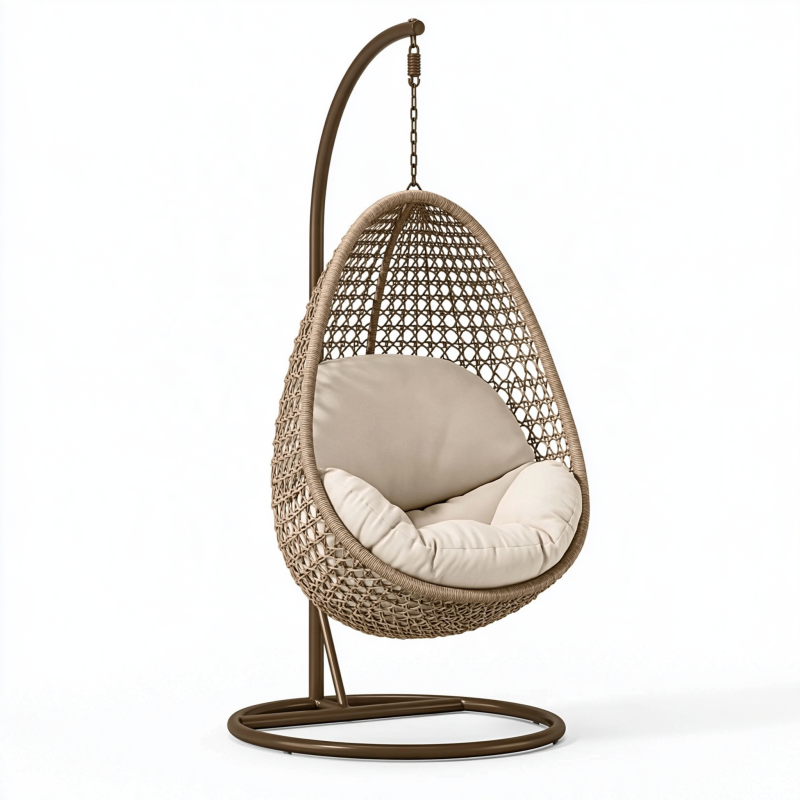 Fauteuil suspendu 105 x 105 x 195 cm en fibre tressée beige avec support métallique - assise cocon