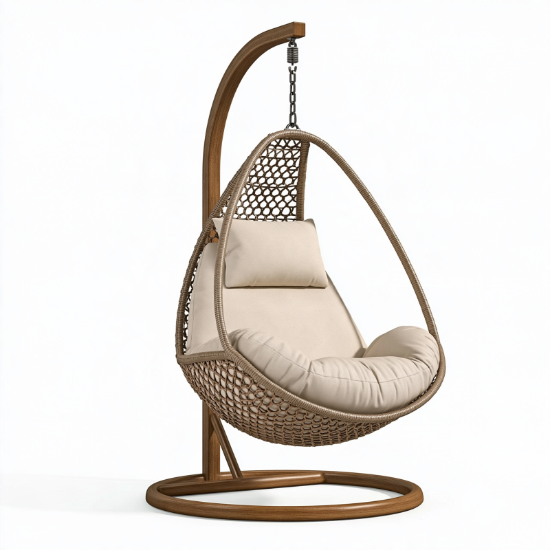 Fauteuil suspendu 115 x 105 x 195 cm en résine tressée beige avec support en bois pour intérieur
