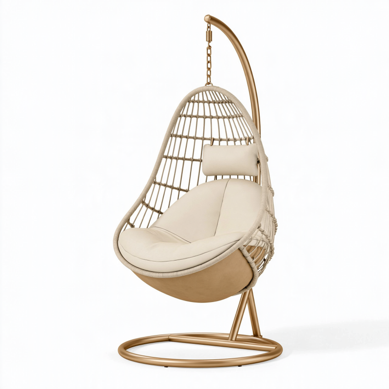 Fauteuil suspendu 105 x 105 x 195 cm en fibres tressées beige avec support métal style bohème