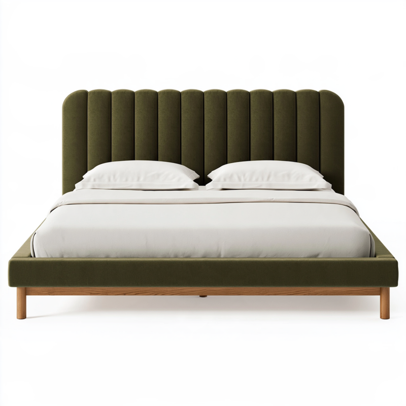 Lit 160 x 200 cm en tissu vert olive avec tête de lit capitonnée style contemporain