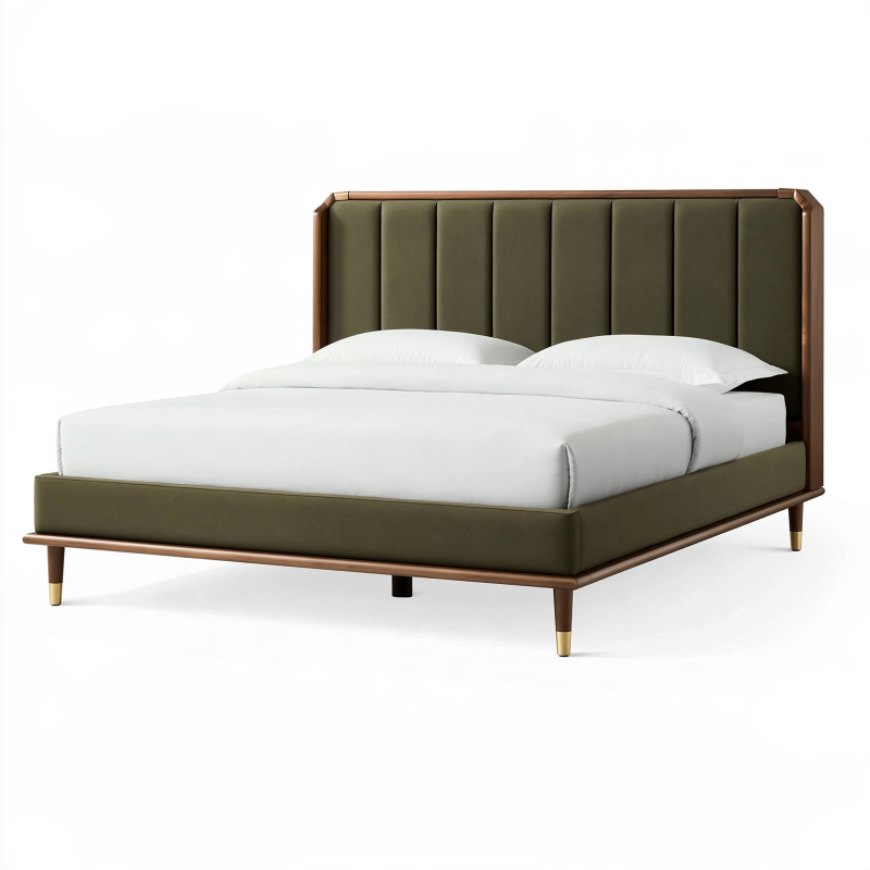 Lit double 160 x 200 cm en tissu vert olive et bois avec tête de lit capitonnée