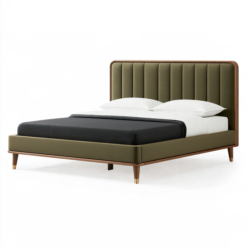 Lit 160 x 200 cm en tissu vert olive et bois avec tête de lit capitonnée