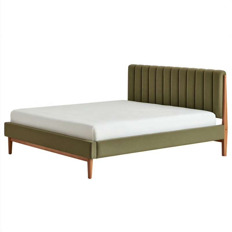 Lit double 160 x 200 cm en tissu vert olive et bois style moderne capitonné