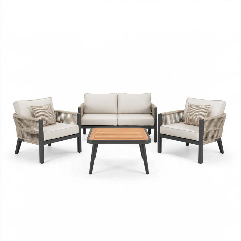 Salon de jardin 4 pièces 130 x 75 x 78 cm métal cordage beige et noir pour terrasse
