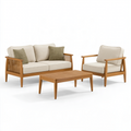 Salon de jardin 3 pièces 145 x 75 cm en bois naturel beige avec assises rembourrées contemporain