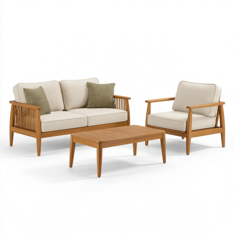 Salon de jardin 3 pièces 145 x 75 cm en bois naturel beige avec assises rembourrées contemporain