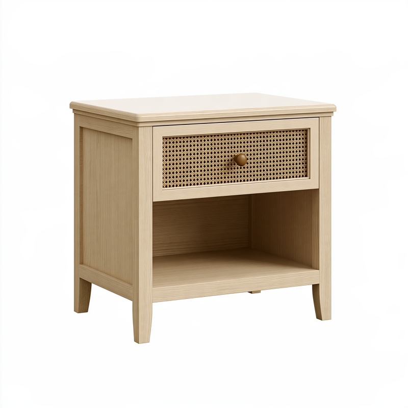 Table de chevet 50 x 40 x 60 cm en bois beige avec tiroir cannage style naturel