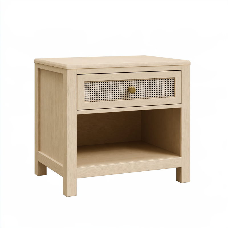 Table de chevet 45 x 40 x 55 cm en bois beige avec tiroir cannage style naturel