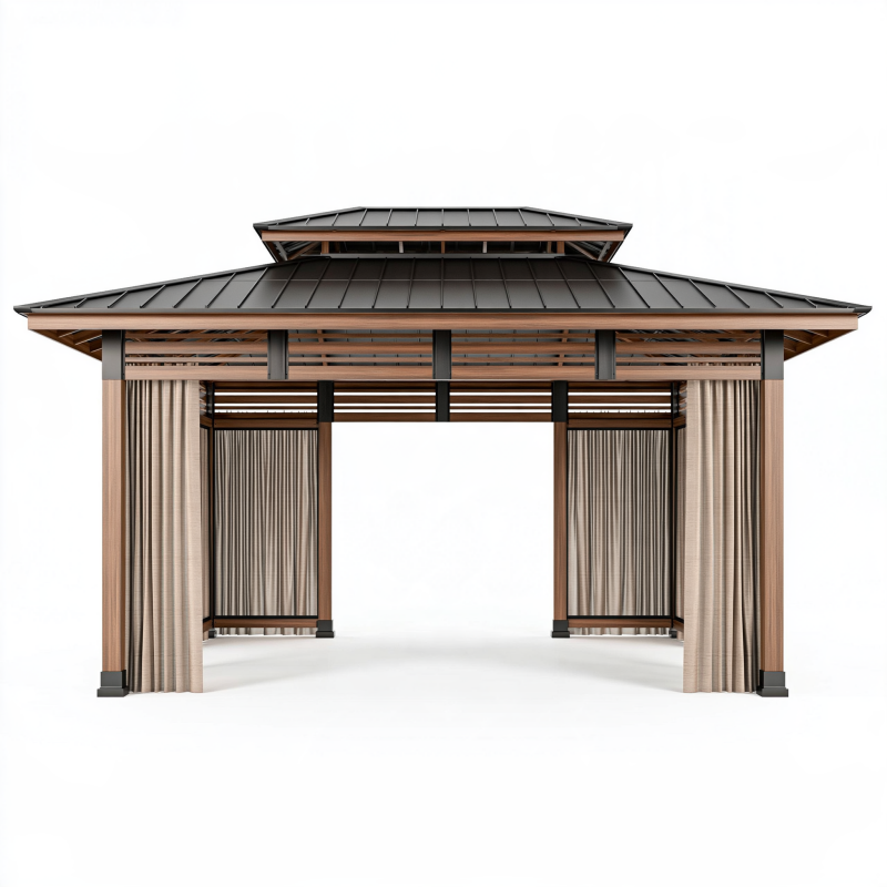 Pavillon de jardin 400 x 300 cm aluminium aspect bois toit métallique noir avec rideaux