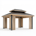 Pavillon de jardin 400 x 300 x 300 cm aluminium beige noir avec rideaux toit métallique