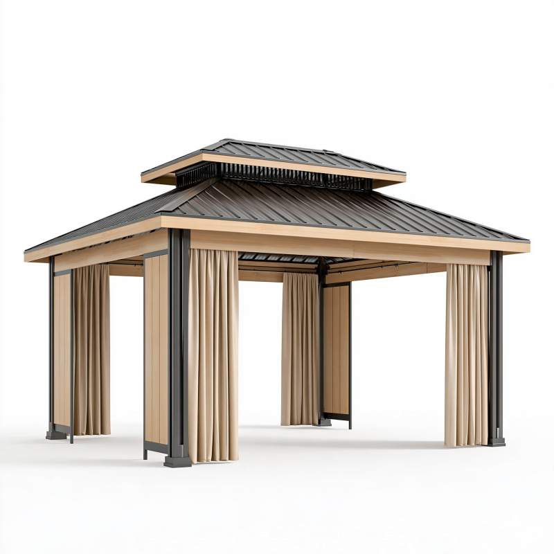 Pavillon de jardin 400 x 300 x 300 cm aluminium beige noir avec rideaux toit métallique