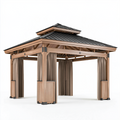 Tonnelle de jardin 400 x 300 cm en bois beige avec toit en métal et rideaux style pavillon