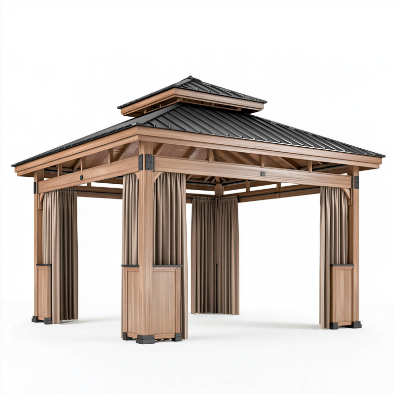 Tonnelle de jardin 400 x 300 cm en bois beige avec toit en métal et rideaux style pavillon