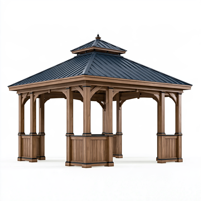 Tonnelle de jardin 400 x 400 cm en bois marron avec toit métallique gris anthracite